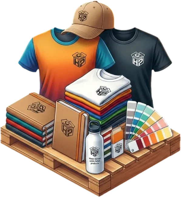 Branded caps, t-shirts, bottles and boxes stacked on a pallet