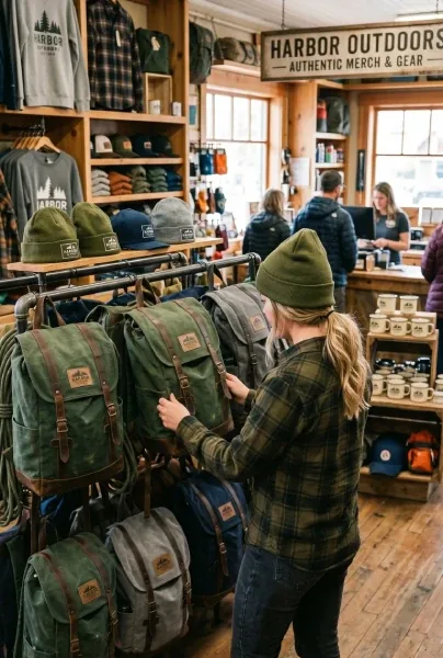 Outdoor gear shop with branded backpacks and apparel