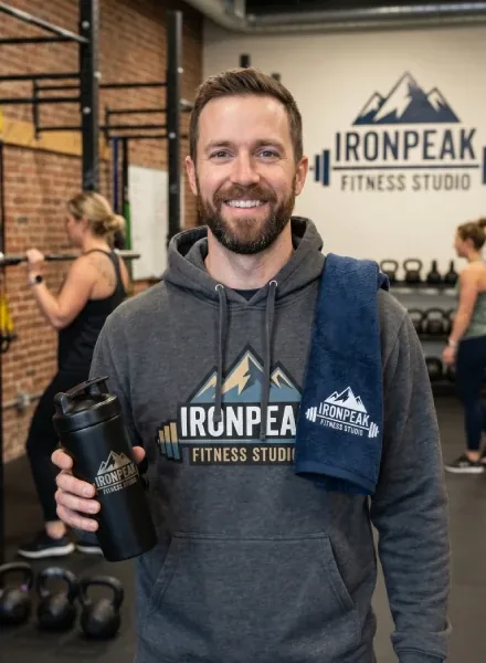 Fitness studio owner wearing a branded IronPeak hoodie