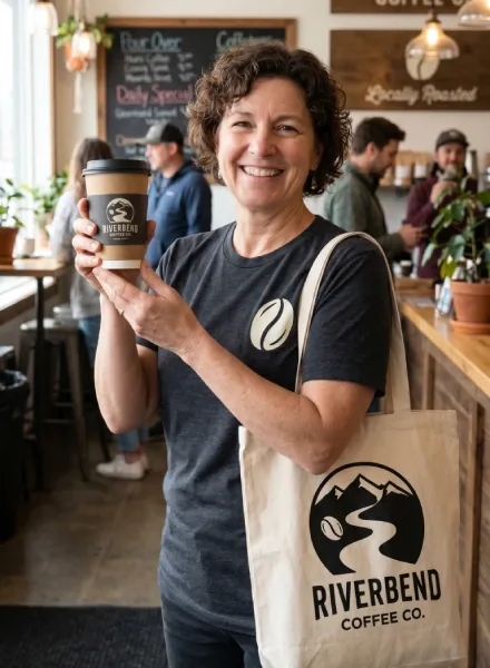 Café owner holding a branded Riverbend Coffee cup and tote bag