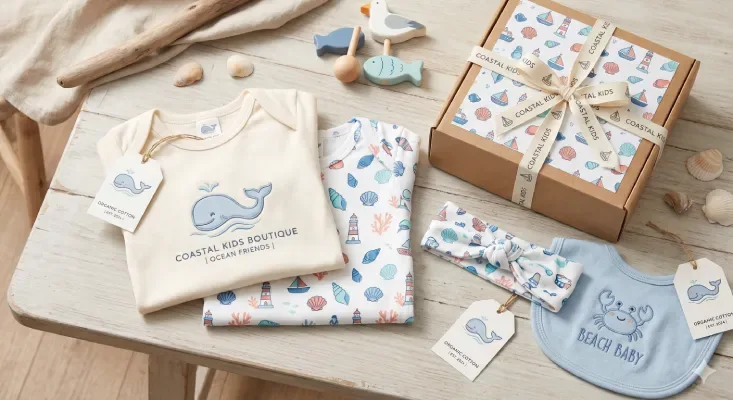 Baby clothes and gift box branded for a children's boutique