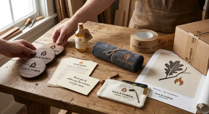 Artisan wooden coasters and branded packaging