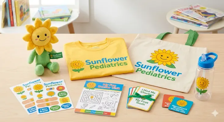 Sunflower Pediatrics branded t-shirts, stickers and plush toy