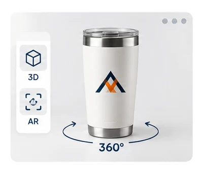 A 3D and AR preview of the branded tumbler, turning 360 degrees