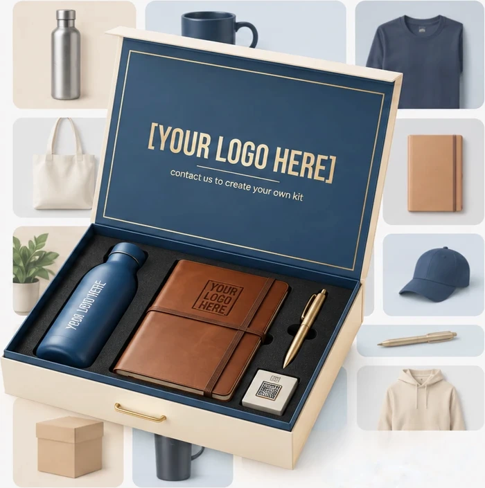 Branded gift box with a bottle, notebook and pen, surrounded by custom products