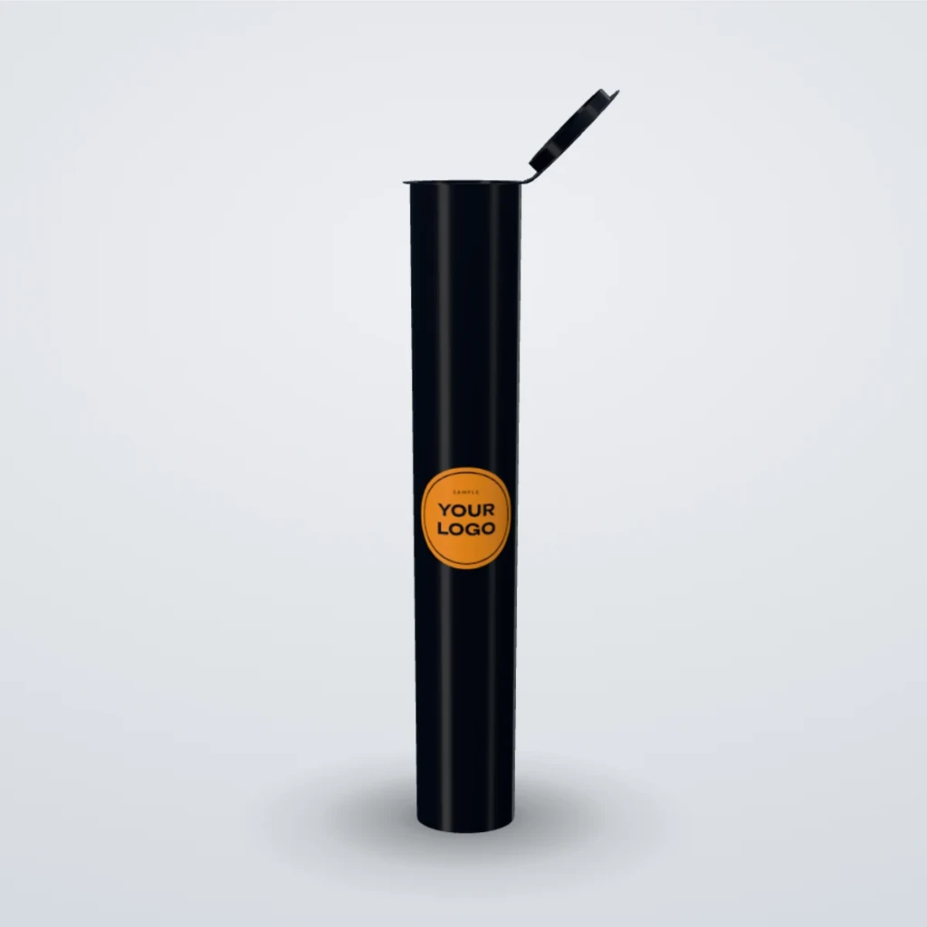 Black pop-top pre-roll tube with a sample logo, lid open